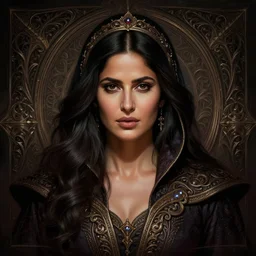 head-on centered symmetrical painted portrait, Katrina Kaif as a Gloomhaven Mage, intricate fantasy robes, dramatic lighting, intricate, fantasy, intricate, elegant, highly detailed, digital painting, smooth, sharp focus, illustration, dramatic lighting, artstation, in the style of Artgerm and Anna Podedworna