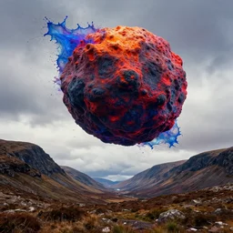 giant meteor flying by the sky scottish mountains splash art graphic design color splash high contrasting art, fantasy, highly detailed, art by greg rutkowski