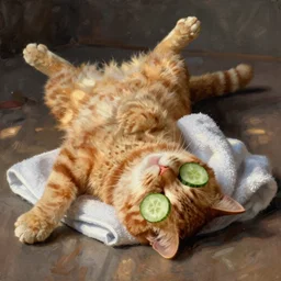 monet painting of a ginger tabby cat lying on its back with cucumber slices on his eyes and towel on his head
