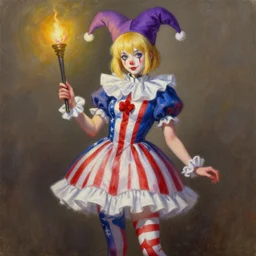 portrait of of blonde hell fairy clownpiece wearing an american flag patterned dress with matching leggings and a purple jester hat, carrying a torch, thoma greg rutkowski alexandros pyromallis nekro illustrated touhou art ashley wood, detailed painting, oil on canvas