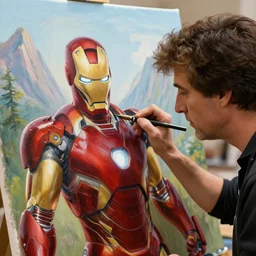 a closeup photorealistic photograph of bob ross diligently completing a canvas painting of iron man. mountains and trees. film still. brightly lit scene. this 4 k hd image is trending on artstation, featured on behance, well - rendered, extra crisp, features intricate detail, epic composition and the style of unreal engine.