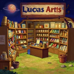 inside a general store, in a remote outpost, on a remote planet, from a lucasarts point and click 2 d graphic adventure game, art inspired by [ thomas kinkade ] and mark keathley