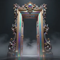 giant iridescent doorway leading to another dimension, foggy, moody, : : by jeff koons, dan mcpharlin daniel merrian : : ornate, dynamic, particulate, rich colors, intricate, elegant, highly detailed, centered, artstation, smooth, sharp focus, octane render, 3 d