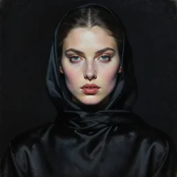 hyperrealism oil painting, close - up portrait, fashion model, fully clothes in black silk, complete darkness, in style of classicism mixed with 8 0 s sci - fi hyperrealism
