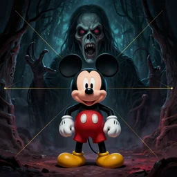 Mickey Mouse, horror, terrifying, scary, 8K, trending on artstation, full color, golden ratio, rule of thirds, low key, ray tracing, establishing shot, extremely high detail, concept art, award winning, by Frank Frazetta, John Buscema