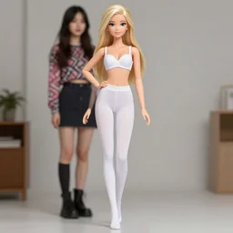 anime barbie in white stockings, white bra, full length, standing posture, full length, patterned clothing, next to a real girl, hyper realism, 4 k