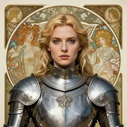 masterpiece head-on symmetrical centered portrait, Elisha Cuthbert as a paladin, blonde hair, steel armour, art nouveau, gothic, victorian, elegant, distant, in the style of Edgar Maxence and Ross Tran and Zdzisław Beksiński and Michael Whelan and Mucha and Gustave Doré, specular highlights, 8k, octane render