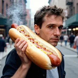 closeup portrait of a man carrying a giant hotdog, smoky new york back street, by Annie Leibovitz and Steve McCurry, natural light, detailed face, CANON Eos C300, ƒ1.8, 35mm, 8K, medium-format print