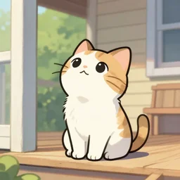 “Cute cartoon kitty sitting on porch looking up at the sky, marker”