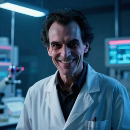 an ultra realistic cinematic headshot portrait of an evil scientist smiling, stood in a lab, neon, detailed, deep focus, movie still, dramatic lighting, by werner herzog