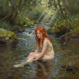 A wide angle oil painting of a red haired girl bathing in a forest stream, light rays, expressive