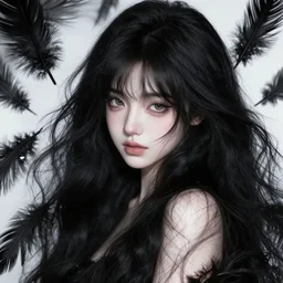 highly detailed ilustration of a beautiful cute girl with feathers, endless black hair, with pale skin, by nicola samuri, by dino valls, by m. w. kaluta, rule of thirds, seductive look, 4 k resolution