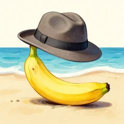 a drawing of a banana with a fedora on the beach