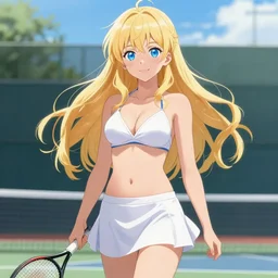 a very beautiful young mature anime tennis girl, full body, long wavy blond hair, sky blue eyes, full round face, short smile, bikini, miniskirt, highly detailed, cinematic wallpaper by stanley artgerm lau