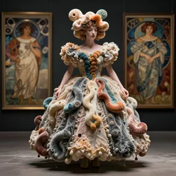 absurdist wiggly blob in a dress, highly detailed, cam de leon & john j. park, cinematic light, alphonse mucha, medium shot, ground angle, uhd 8 k, shallow depth of field