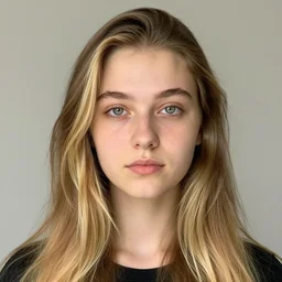 brunette with long dyed blonde hair, 21 years old, 165 cm tall, 50% smaller nose, 30% smaller mouth, round shaped face, big forehead, lop eared, thin eyebrows, green colored eyes, real life photograph