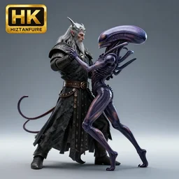 witch king of angmar slow dancing with a xenomorph, photorealistic, 3d render, award winning render, unreal engine, octane render, studio lighting, 8k, hd