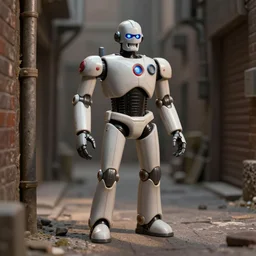 Plasticine Robocop standing in an alley
