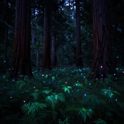 lots of redwood trees, overgrown, at night, alien bioluminescent plants, glowing leaves, field, glowing pink fireflies, glowing blue light particles, cinematic composition,