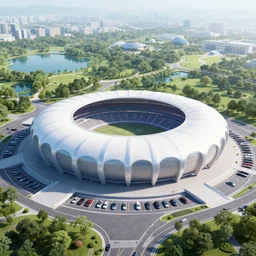 concept of a futuristic humongous stadium with huge parking around it, great park with a lake near it with new york city far away in the distance, hyperdetailed, artstation, cgsociety, 8 k