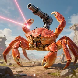 shoulder shot of a huge gigantic crab with a [ star - wars ] [ blaster - turret ] [ firing ] attached to its back crawling towards a village, [ laser ] [ turret ] [ attached ] to top of crab, xf iq 4 f 5. 6 iso 2 0 0