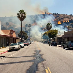 a photo of downtown san pasadena where its so hot the asphalt streets are melting in places, the air is dry and there are brush fires on the hills, and smoke