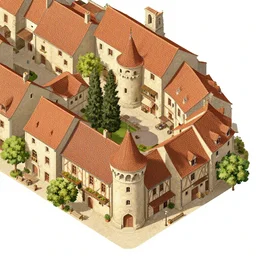 isometric view illustration of a medieval village street corner south of france, highly detailed, mid day by Victo Ngai