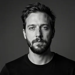 professional photograph of a portrait of a human Mr. Meeseks from Rick and Morty, black and white, studio lighting, sking, facial hair