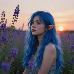 photograph of a young woman with blue hair lush flowering indigofera, serene sunset, surrounded by flowers, low lights, elven ears, rough skin pores texture, cute and gorgeous, a masterpiece hyperrealistic, ultra detailed fullbody, photoreal image, actual person, extremely detailed, trending on artstation, sharp focus, 4 k.