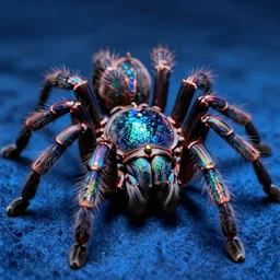 high quality macro photo rococo iridescent tarantula! jewelled gorgeous! highly detailed david ligare elson peter cinematic blue neon lighting high quality low angle hd 8k sharp shallow depth of field