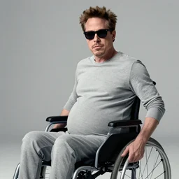 movie poster for weekend at bernie's 3, pregnant robert downey jr in a wheelchair with dark sunglasses, pregnant robert downey jr. in a wheelchair pallid grey facial flesh, cinematic lighting, rigor mortis pregnant inanimate corpse in a wheelchair, movie poster for pregnant robert downey starring in weekend at bernie's, bernie