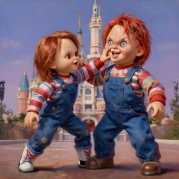 the doll annabelle hitting the doll chucky in the face, epic mma fight, dramatic poses, cinematic, disneyland as backdrop, oil painting, by greg rutkowski