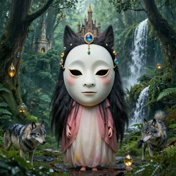 hyper realistic Princess Mononoke, spooky mask, lush rainy forest landscape, wolves, magic, castle, jewels, style of tom bagshaw, mucha, james gurney, norman rockwell, gems and gold, waterfalls, denoised, sharp,