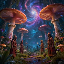 psychedelic forest with large mushrooms and nebula sky, shamans, digital art, unreal engine
