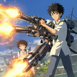 mech firing off its powerful dual plasma guns by makoto shinkai and hidari and wlop