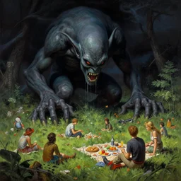 cthulhu devouring a meadow by people having picnic. highly detailed science fiction painting by norman rockwell, frank frazetta, and syd mead. rich colors, high contrast, gloomy atmosphere, dark background. trending on artstation