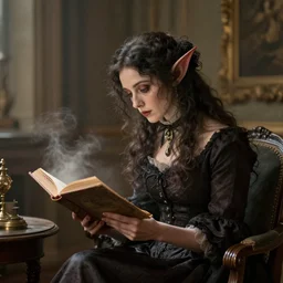 a victorian era museum curator, melancholic, fae witch, is ( ( reading an old book ) ). light dust, magnificent, hyperdetailed, theatrical, painted by jean honore fragonard