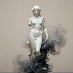 broken white statue of a woman, a black smoky mass from below, transparent skin, snow, foggy, motion blur, beige, by giovanni fattori