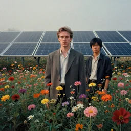 portrait of field solar panels flowers growing between them, colorful, modern art deco, mads berg, christopher balaskas, victo ngai, low fog, fine texture, detailed, muted colors, dramatic lighting, dynamic composition, film noir, matte print, wide angle, moody, stippled light, very grainy texture