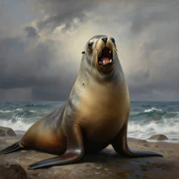 crazy sea lion, deranged, angry, painting by louis wain