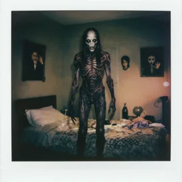 hyperrealistic cursed daguerreotype polaroid cinestill of creepy lovecraftian ghast monster entity creature standing in bedroom designed by lovecraftian, guillermo del toro, michael hutter, kentaro miura, junji ito, gantz, hideo kojima, colorized. scp historical archives. david lynchian atmosphere. deep aesthetics of weirdcore