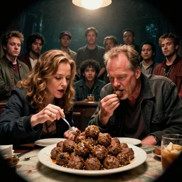 Twin peaks but Dale Cooper is eating a pile of meatballs in the black lodge with laura palmer, Greg Rutkowski, Darek Zabrocki, Karlkka, Jayison Devadas, Phuoc Quan, trending on Artstation, 8K, ultra wide angle, pincushion lens effect.
