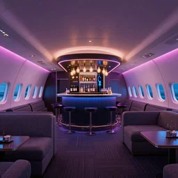 Bar and nightclub inside a widebody plane with neon lights and sofas, digital rendering, unreal engine 5