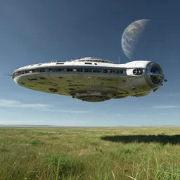 Science-Fiction spaceship hovering over a grassy field on an alien planet at daylight, by John Harris, Federico Pelat, Ivan Aivazovsky, Matte Painting, 4k,