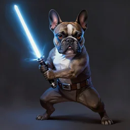 character concept portrait, jedi french bulldog holding a light saber in a combat stance. dark background. bright glowing. digital painting, concept art, smooth, sharp focus, illustration, from metal gear, by ruan jia and mandy jurgens and william - adolphe bouguereau, artgerm