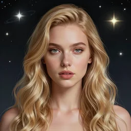 centered detailed portrait of a beautiful woman with long blonde wavy hair and slender symmetrical face, futuristic, details, intricate, octane render, smooth, illustration, fairy lighting, big stars and planets in the background, hyperrealistic, by dmitry prozorov, loish, and wlop, by artgerm and greg rutkowski and magali villeneuve
