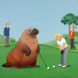 matte sharp painting, happy, a walrus playing golf with a blonde man, juxtapoz, artforum, gary baseman, preston blair, tex avery, dan mumford, pedro correa