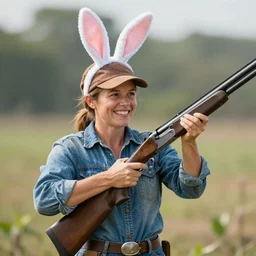 “a bucktoothed farmer lady wearing rabbit ears and holding a shotgun.”