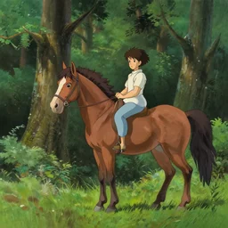 forest with horse by studio ghibli painting, by ohara koson and thomas kinkade