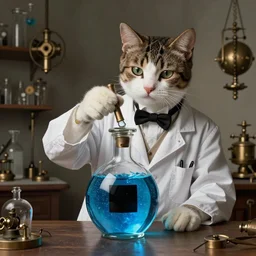 an aristocratic cat dressed as a scientist intrigued by a refined transparent flacon filled with magic blue iridescent liquid, there is a black square on the bottle, art highly detailed, by frank frazetta, keith parkinson and greg rutkowski and aleksandra skiba, concept art, steampunk